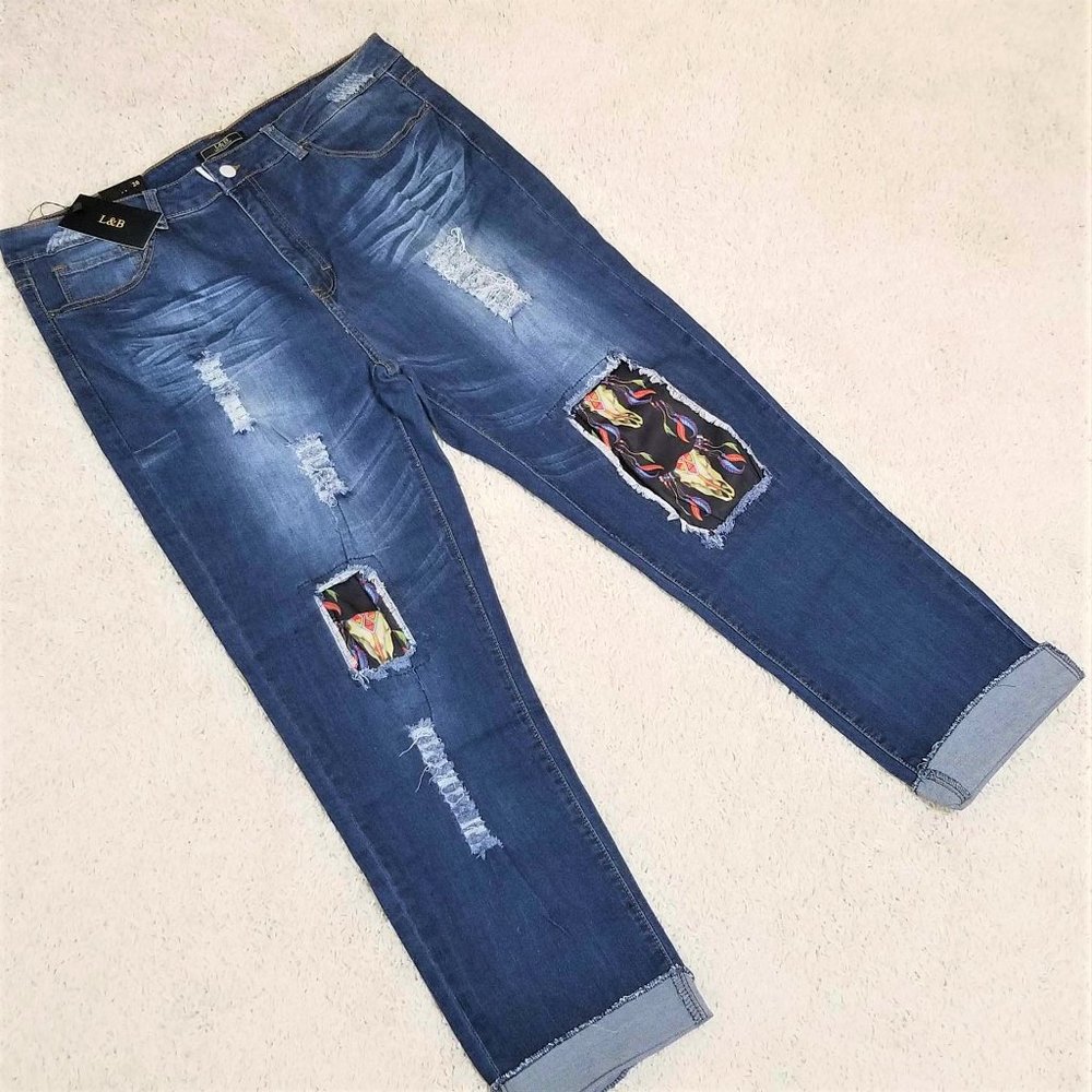 Jeans. Steer-Skull Fabric Patch Inserts. Destroyed. Sizes 18 & 20. - Picture 6 of 10